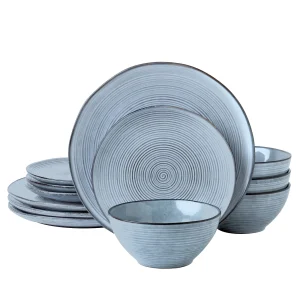 12 Piece Plates and Bowls, Dishes Set for 4, Pearl Blue