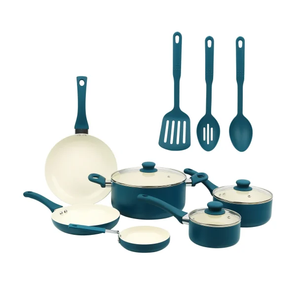 The12 Piece Ceramic Nonstick Aluminum Pots and Pans Cookware Set, Blue
